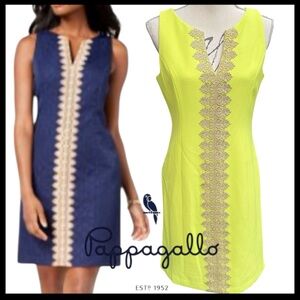 Pappagallo Chartreuse Yellow/Gold Applique Sleeveless V Neck Textured Dress (6)